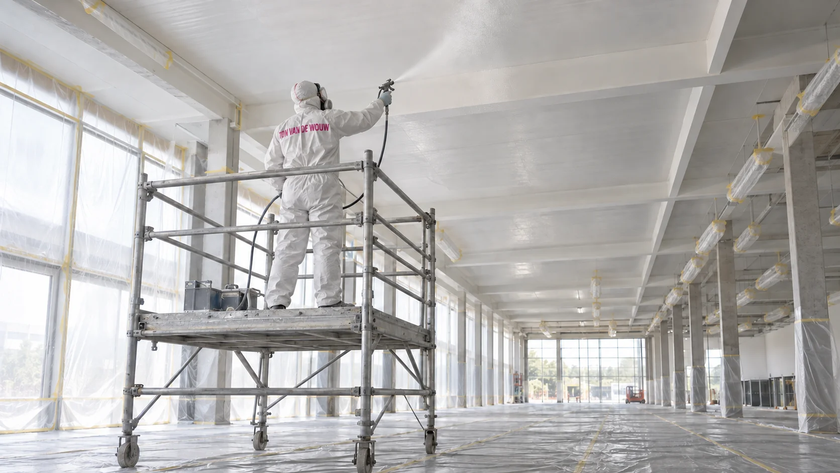 Sfeerbeeld van een schilder in wit beschermpak en masker op een steiger die het plafond van een grote hal spuit